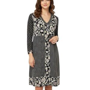 Boden Mollie patchwork polka dots V-neck black Arabesque midi dress size 6R